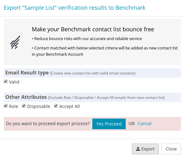 Confirm export Benchmark Contact List
