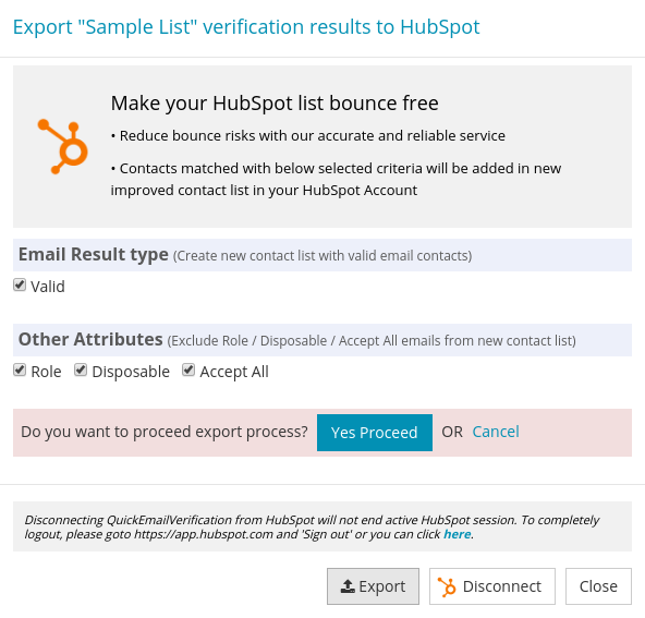 Confirm export HubSpot List