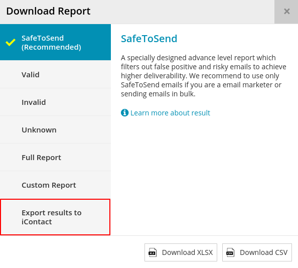 Export results to iContact Modal