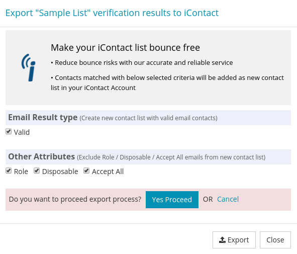 Confirm export iContact List