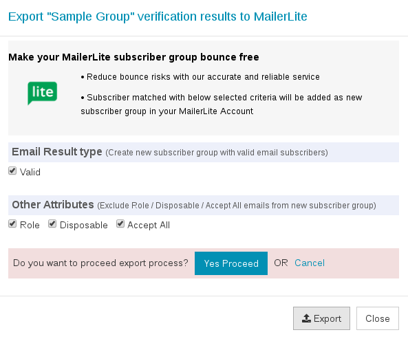 Confirm export MailerLite group