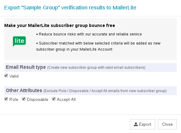 Options to export MailerLite group