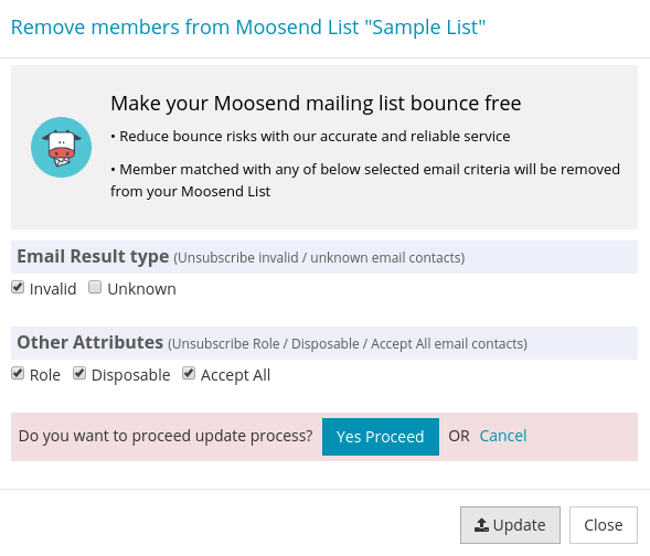 Confirm Update Moosend Mailing List