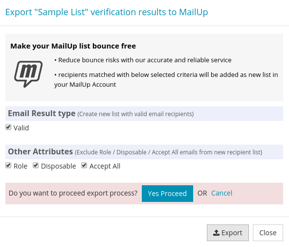 Confirm export MailUp List
