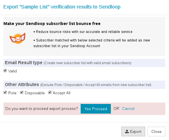 Confirm export Sendloop Subscriber List