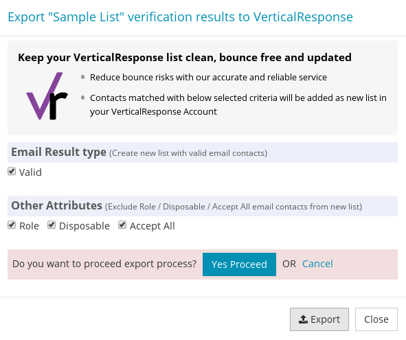 Confirm export VerticalResponse Contact List